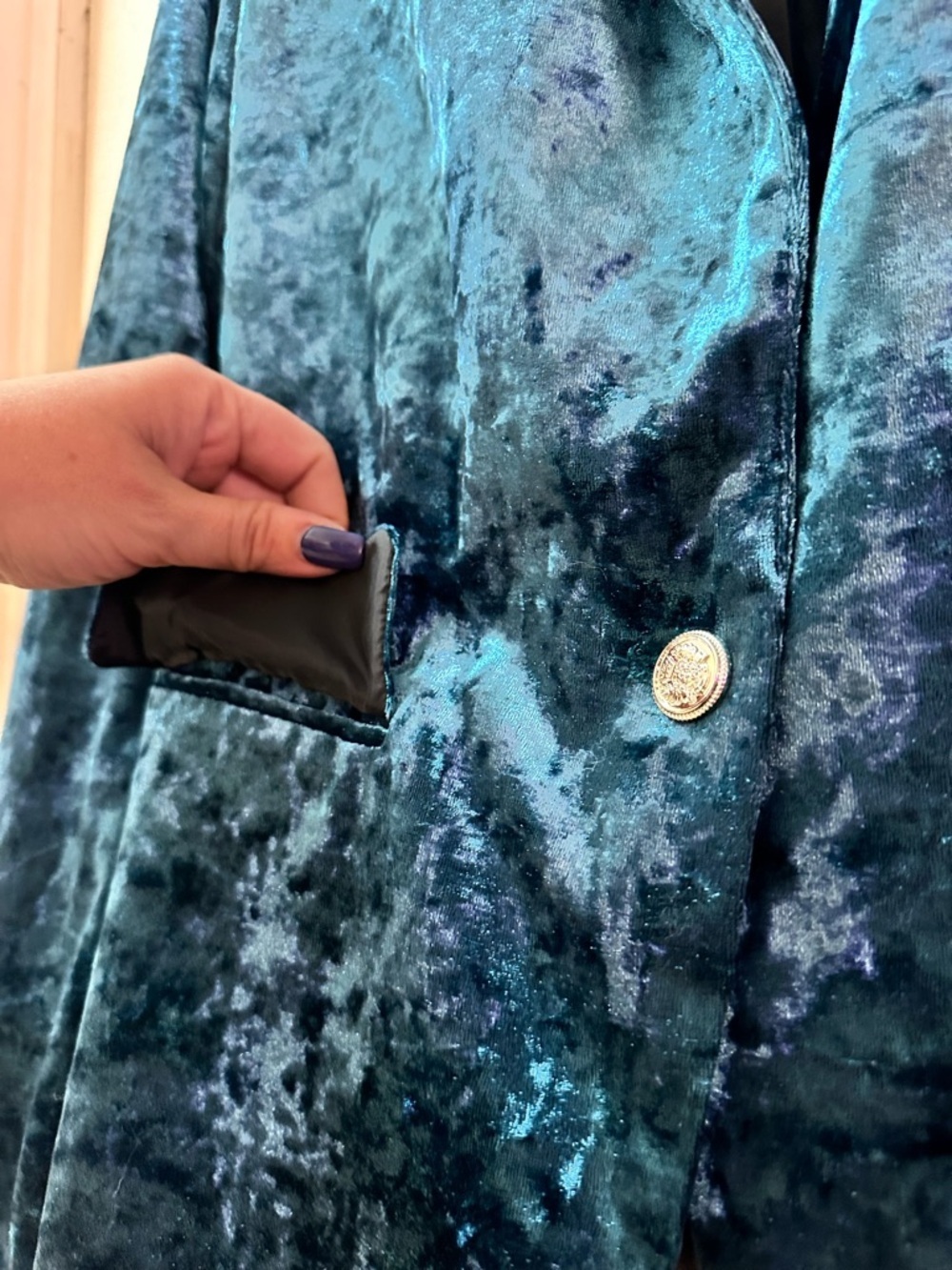 Cleo Teal Crushed Velvet Blazer XS Tailored Stretch Jacket Chic - Picture 4 of 8